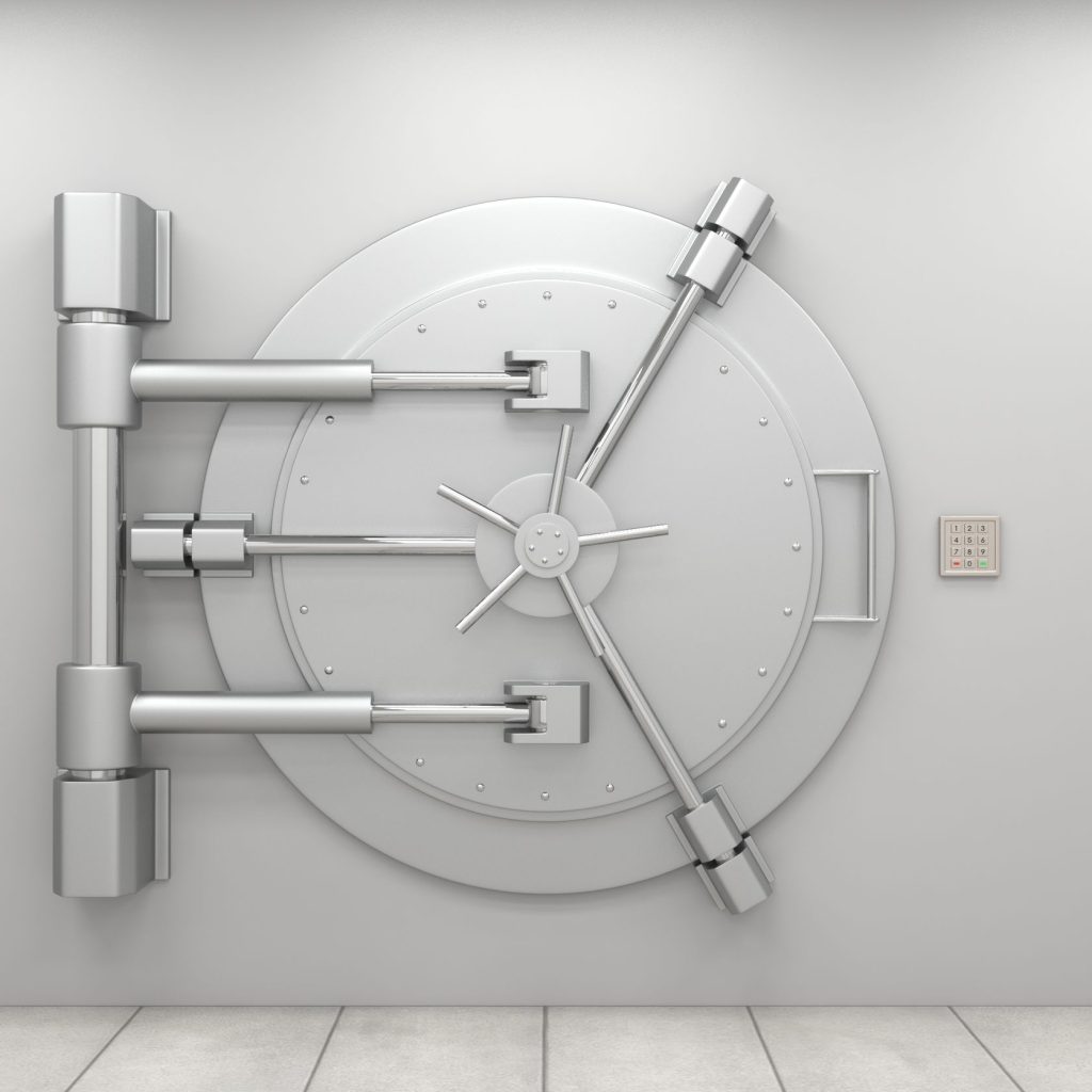 Bank vault door. Closed safe. Safety, isurance and security of savings and investments concept. Protection against robbery and breaking in.